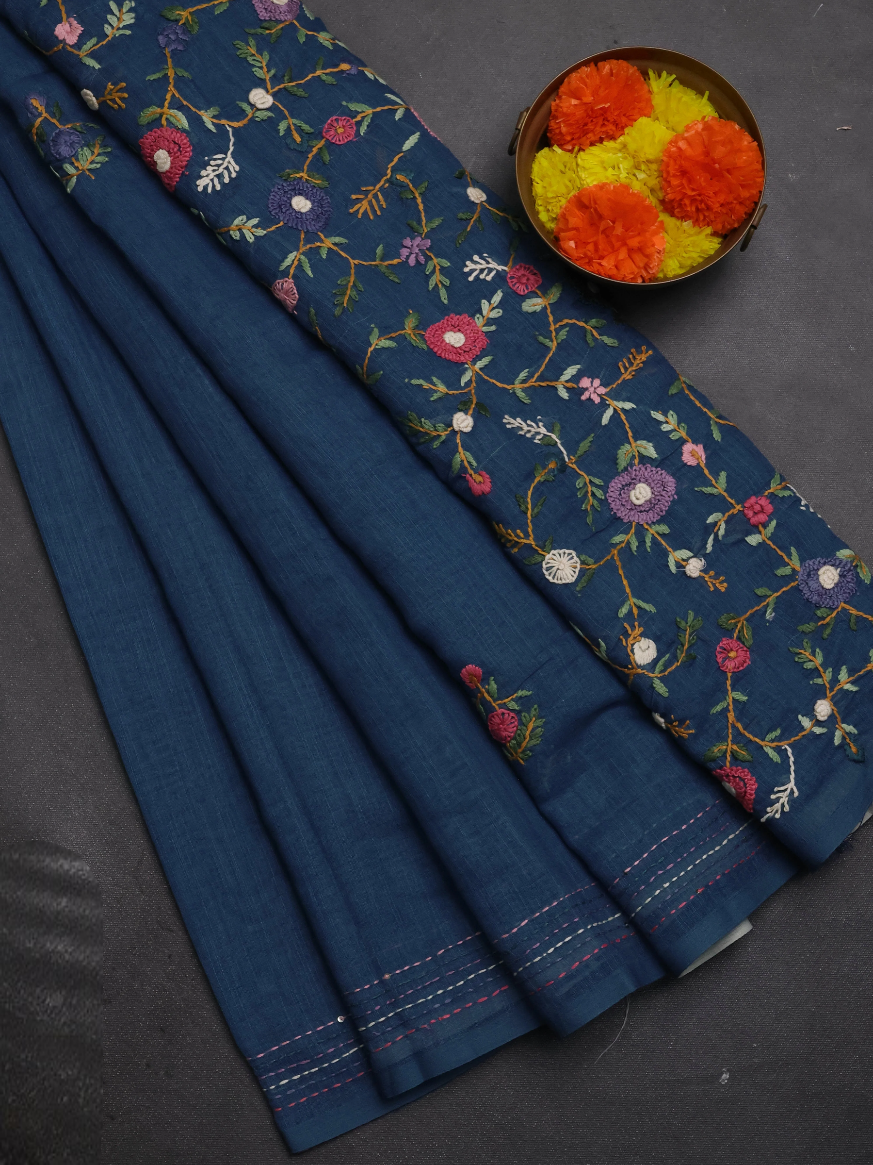 Khadi Linen Cotton Saree - Navy Blue